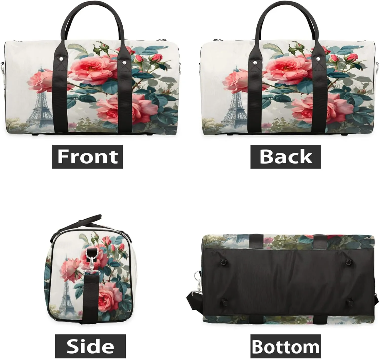 Paris Eiffel Tower Rose Flowers Travel Duffle Bag, Sports Gym Bags for Women Men, Carry On Weekender Overnight Workout Airplane Trips Bag