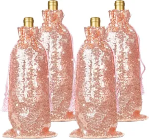 PartyDelight Rose Gold Sequin Wine Gift Bag 4 Pack Sparkly Beautiful and Reusable for Travel, Wedding, Birthday, Housewarming and Dinner Party