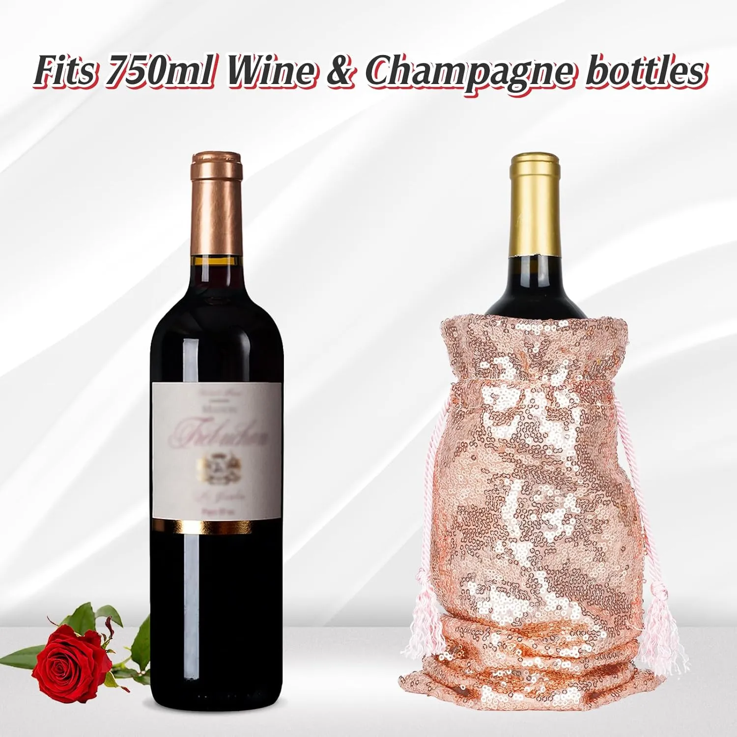 PartyDelight Rose Gold Sequin Wine Gift Bag 4 Pack Sparkly Beautiful and Reusable for Travel, Wedding, Birthday, Housewarming and Dinner Party