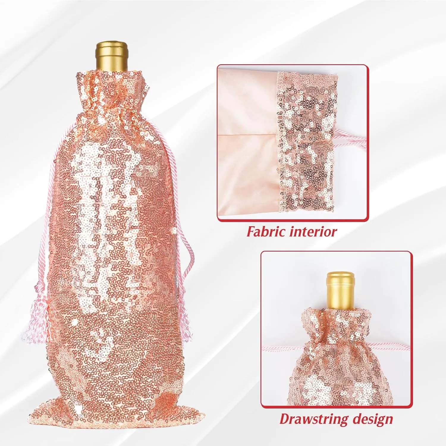PartyDelight Rose Gold Sequin Wine Gift Bag 4 Pack Sparkly Beautiful and Reusable for Travel, Wedding, Birthday, Housewarming and Dinner Party