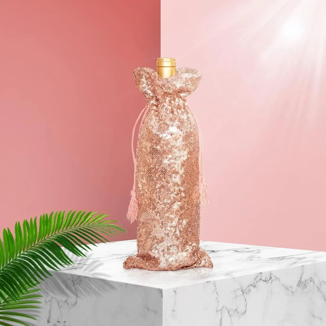 PartyDelight Rose Gold Sequin Wine Gift Bag 4 Pack Sparkly Beautiful and Reusable for Travel, Wedding, Birthday, Housewarming and Dinner Party
