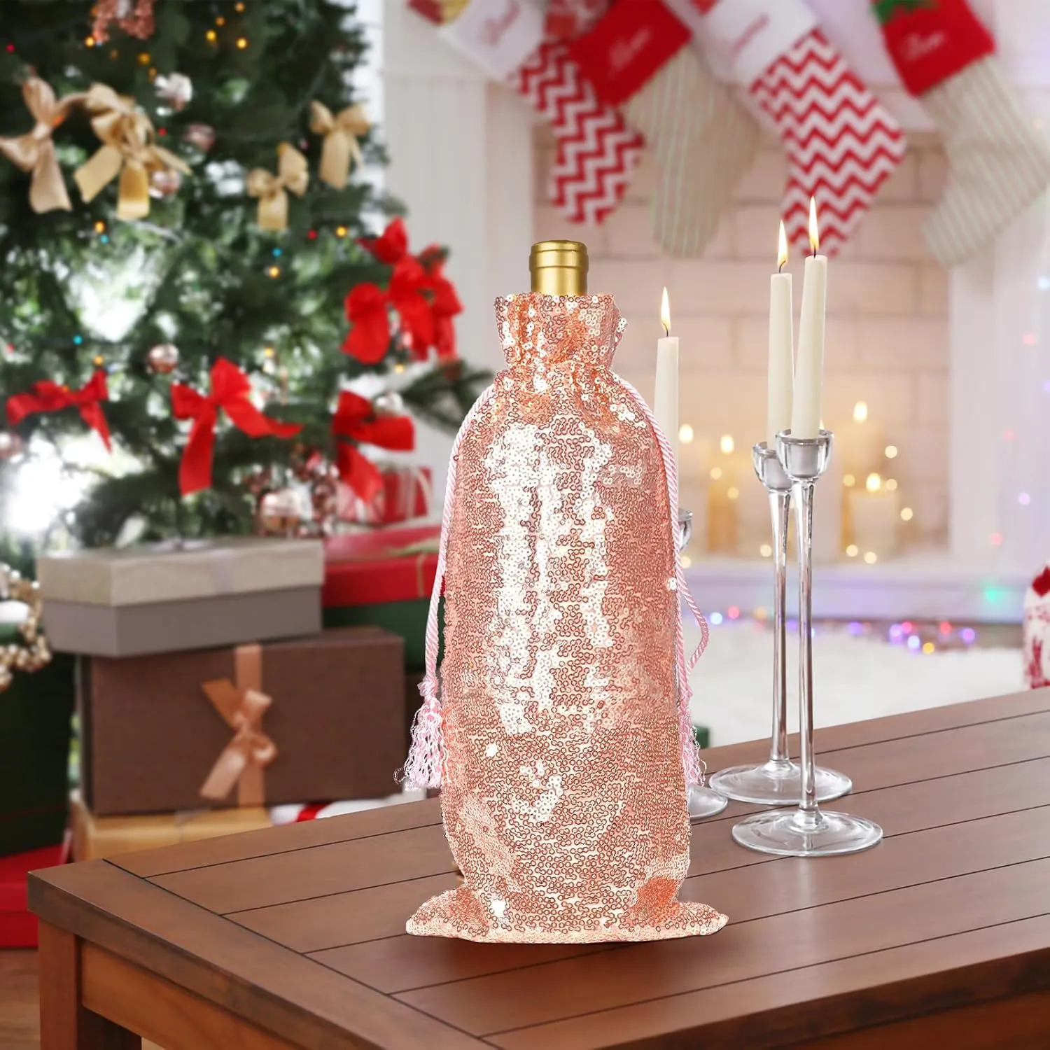 PartyDelight Rose Gold Sequin Wine Gift Bag 4 Pack Sparkly Beautiful and Reusable for Travel, Wedding, Birthday, Housewarming and Dinner Party