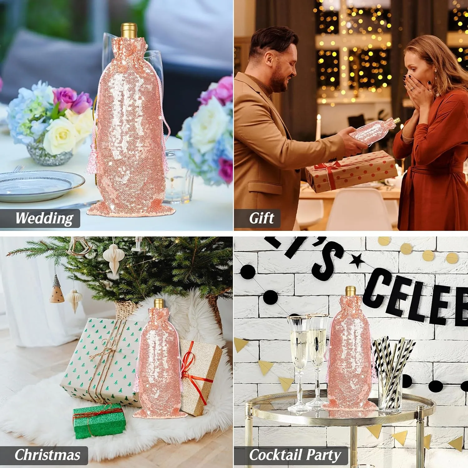 PartyDelight Rose Gold Sequin Wine Gift Bag 4 Pack Sparkly Beautiful and Reusable for Travel, Wedding, Birthday, Housewarming and Dinner Party