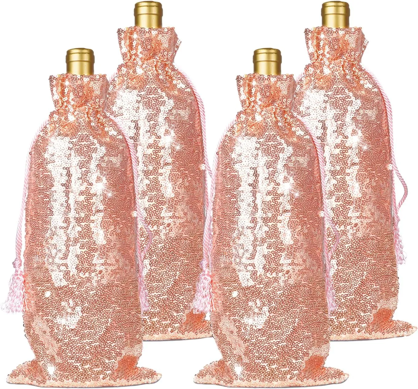 PartyDelight Rose Gold Sequin Wine Gift Bag 4 Pack Sparkly Beautiful and Reusable for Travel, Wedding, Birthday, Housewarming and Dinner Party