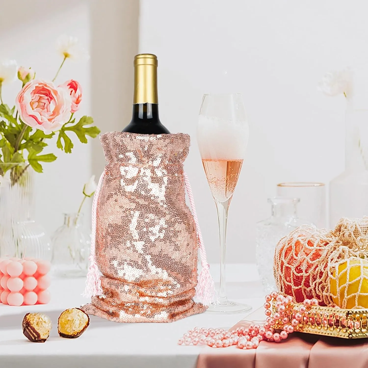 PartyDelight Rose Gold Sequin Wine Gift Bag 4 Pack Sparkly Beautiful and Reusable for Travel, Wedding, Birthday, Housewarming and Dinner Party