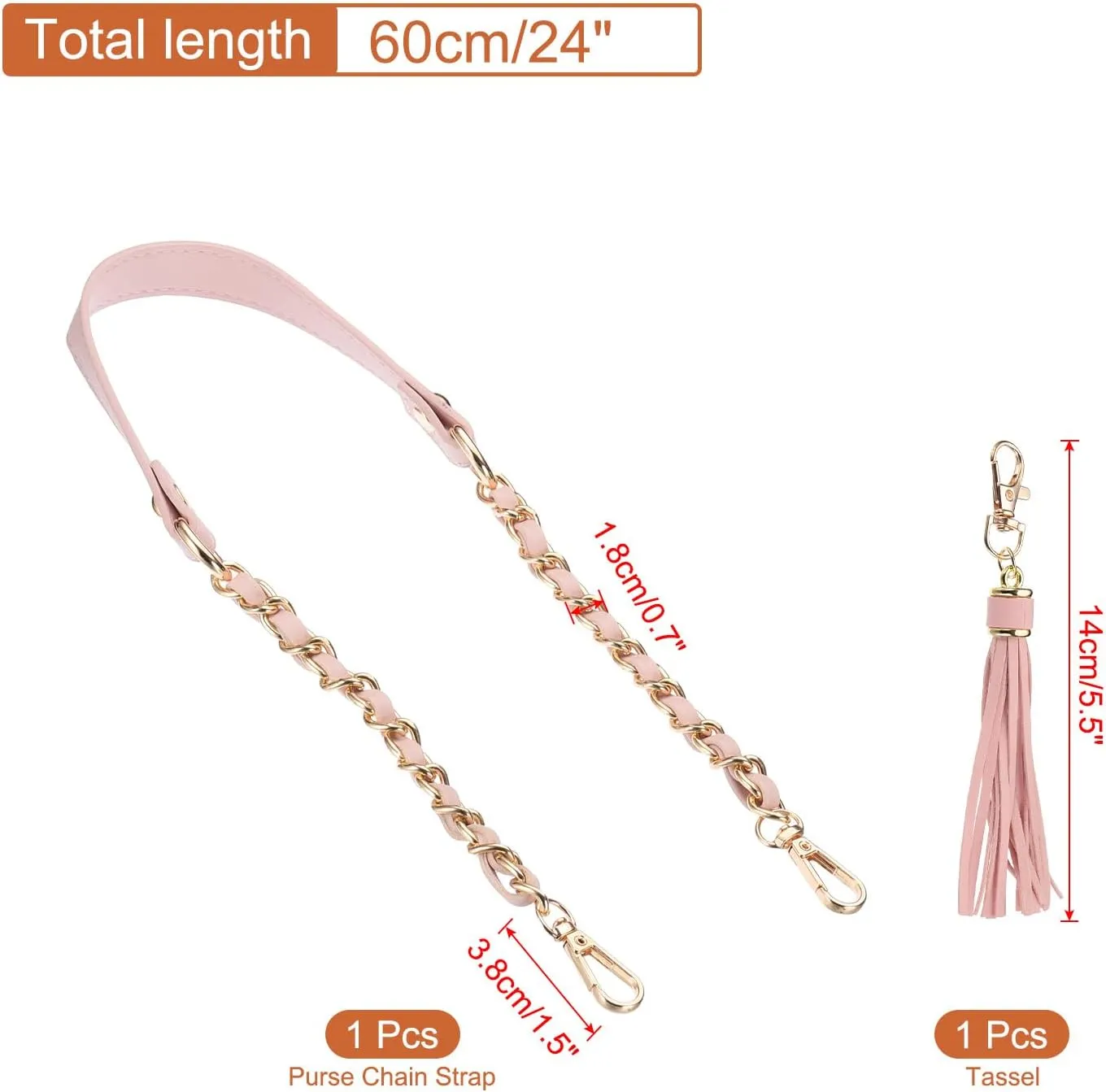 PATIKIL Purse Chain Strap, 24 Inch Leather Chain Straps Purse Strap Replacement Flat Chain Strap with Tassel for Shoulder Crossbody Bag Handbag Woman, Pink/Gold