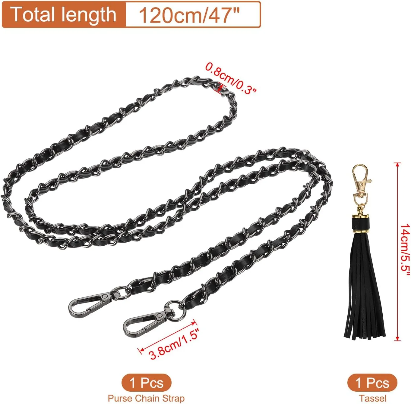 PATIKIL Purse Chain Strap, 47 Inch Leather Chain Straps Purse Strap Replacement Flat Chain Strap with Tassel for Crossbody Bag Handbag Woman, Black