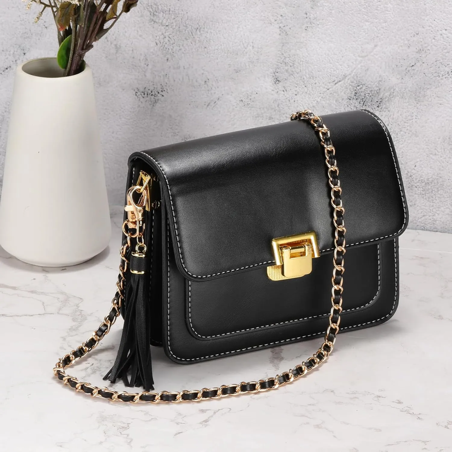 PATIKIL Purse Chain Strap, 47 Inch Leather Chain Straps Purse Strap Replacement Flat Chain Strap with Tassel for Crossbody Bag Handbag Woman, Black