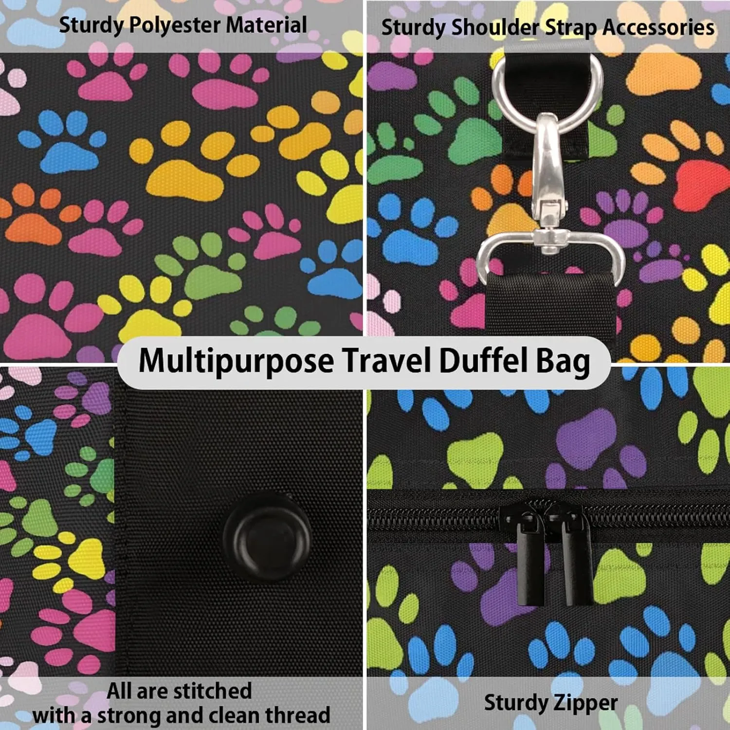 Paw Print Colorful Dog Paw Travel Duffle Bag, Sports Gym Bags for Women Men, Carry On Weekender Overnight Workout Airplane Trips Bag