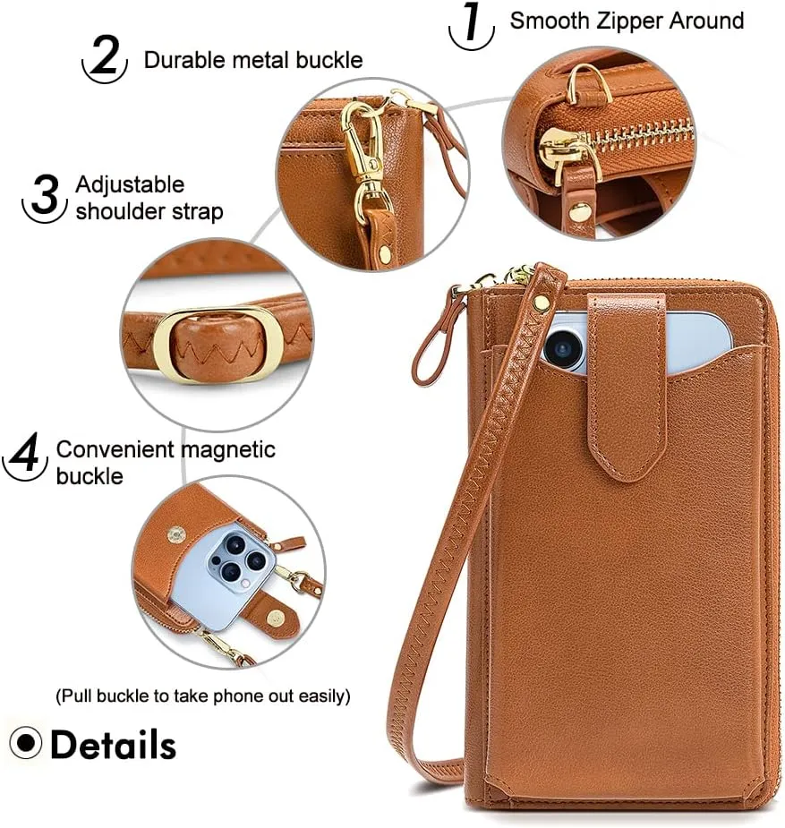 Peacocktion Black Small Crossbody Bags for Women, RFID Leather Cell Phone Purses Wallet, Trendy Crossbody Purses with Zipper