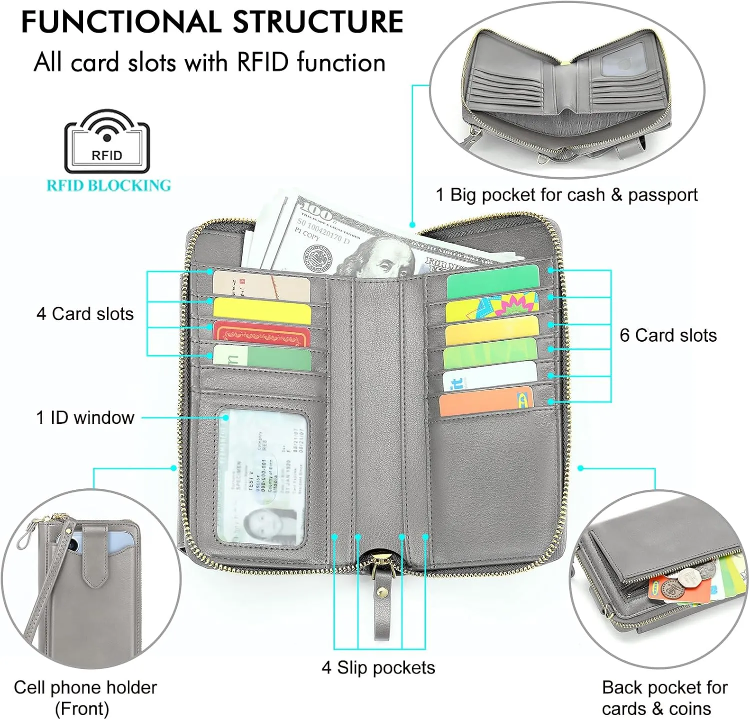 Peacocktion Black Small Crossbody Bags for Women, RFID Leather Cell Phone Purses Wallet, Trendy Crossbody Purses with Zipper