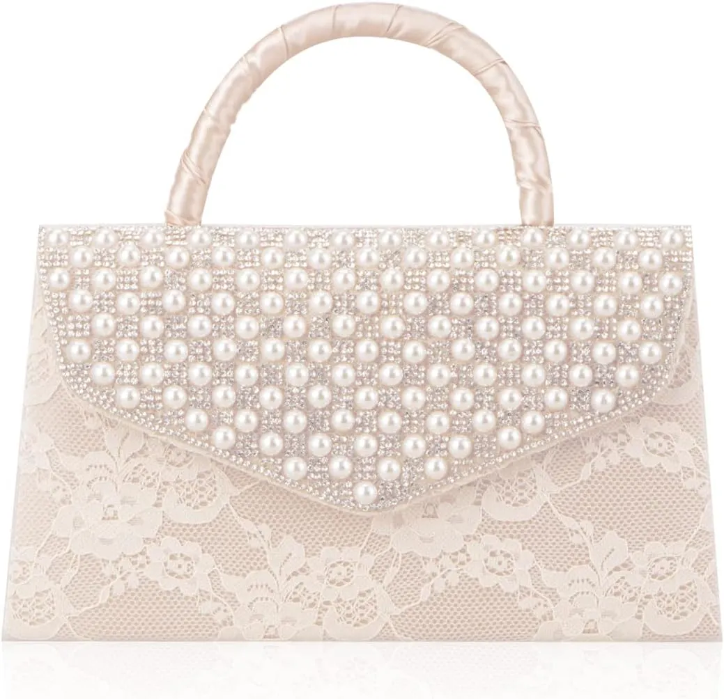 Pearl Clutch Bride Bag and Lace Eenvelope Purse for Women Evening Prom Clutch Handbags Beaded Wedding Purses for Women Formal Clutch Purse,Beige