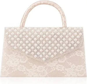 Pearl Clutch Bride Bag and Lace Eenvelope Purse for Women Evening Prom Clutch Handbags Beaded Wedding Purses for Women Formal Clutch Purse,Beige