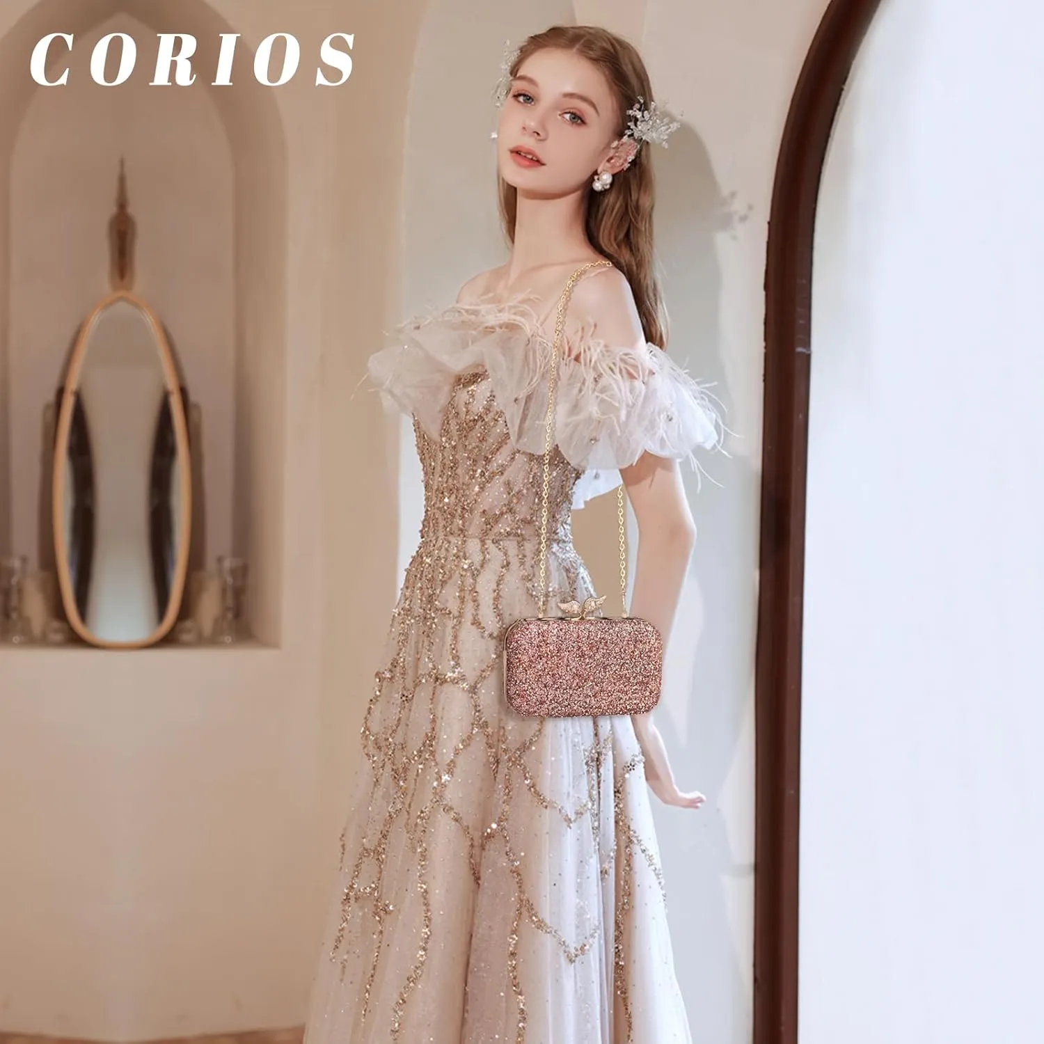 Pearl Evening Bag for Women Sequin Clutch Bag Beaded Handbag Bridal Wedding Purse Shoulder Bag with Detachable Chain