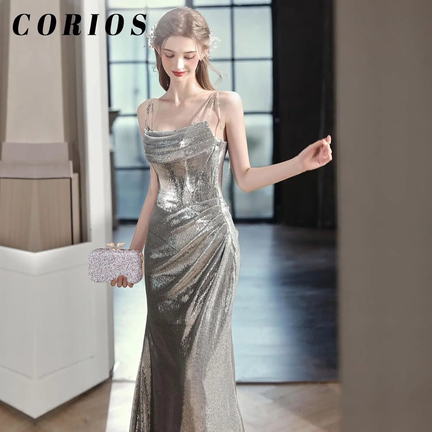 Pearl Evening Bag for Women Sequin Clutch Bag Beaded Handbag Bridal Wedding Purse Shoulder Bag with Detachable Chain