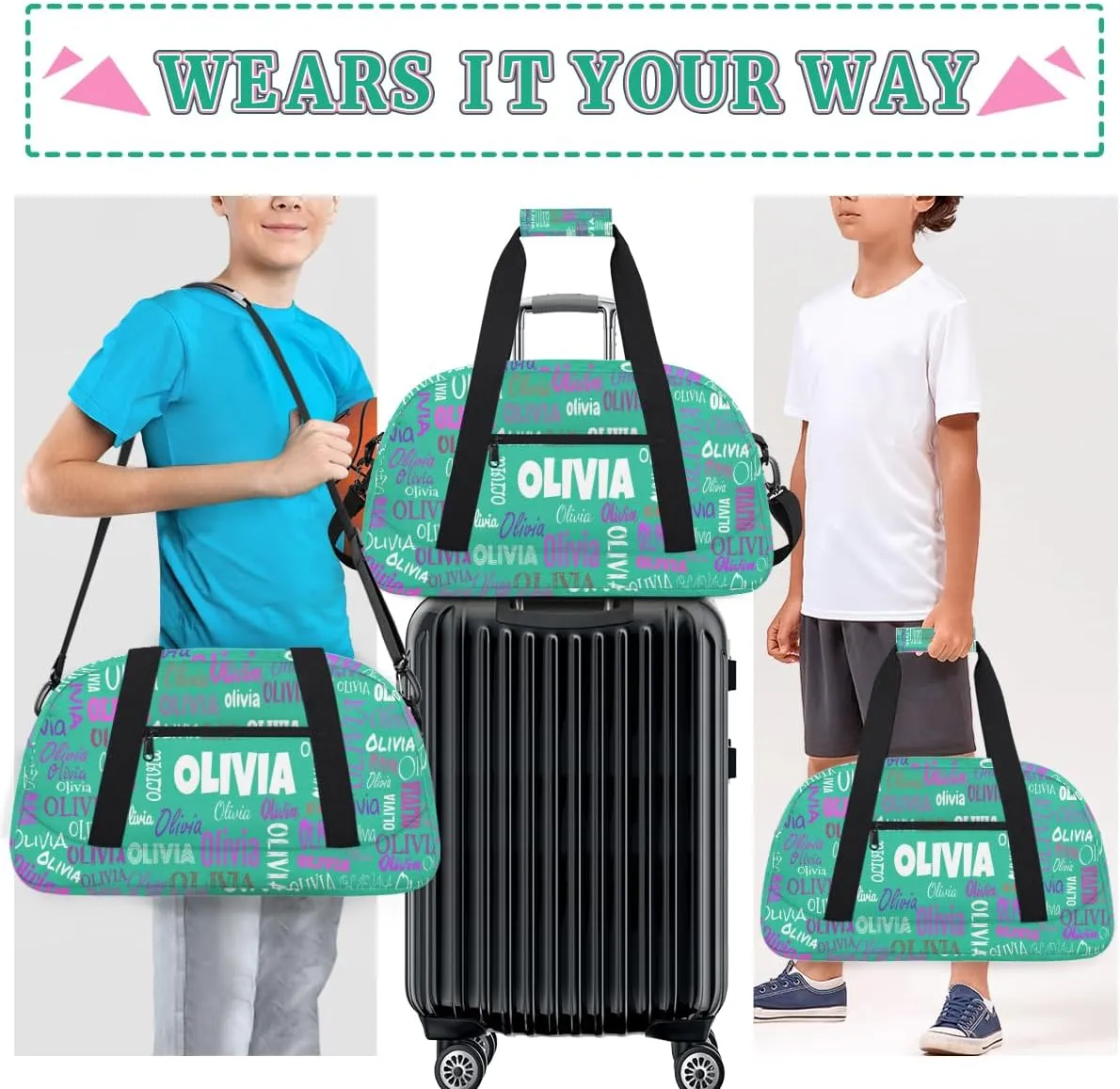 Personalized Ballet Dance Bag, Cheer Bag Girl Sport Duffel Bag, Name Ranked Customized Travel Duffle Bag with Name Overnight Weekender Bag Perform Cheer Bag, Light Sea Green Color