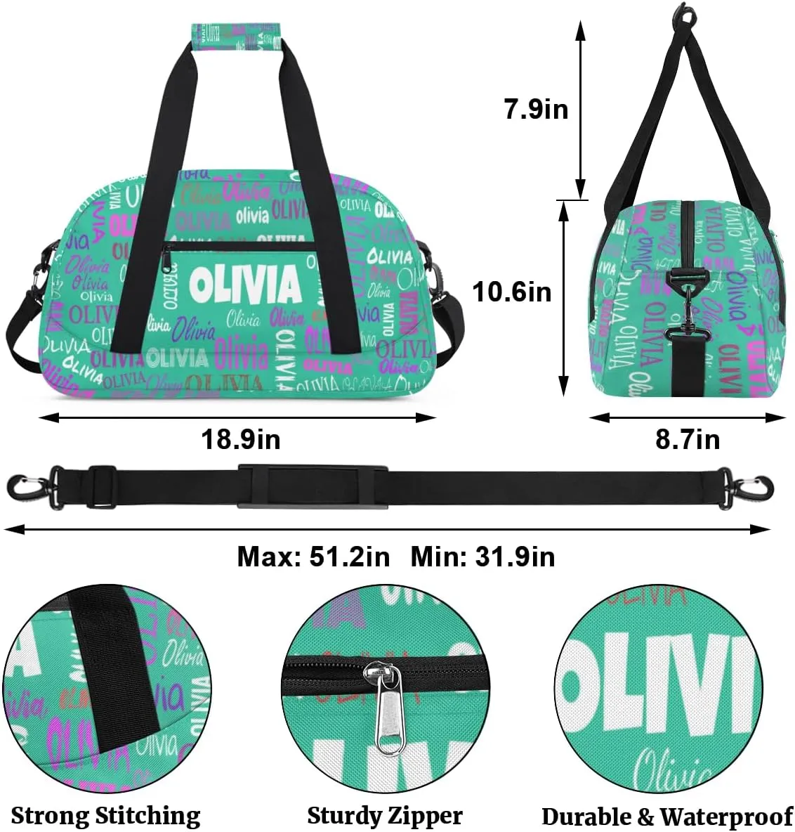 Personalized Ballet Dance Bag, Cheer Bag Girl Sport Duffel Bag, Name Ranked Customized Travel Duffle Bag with Name Overnight Weekender Bag Perform Cheer Bag, Light Sea Green Color