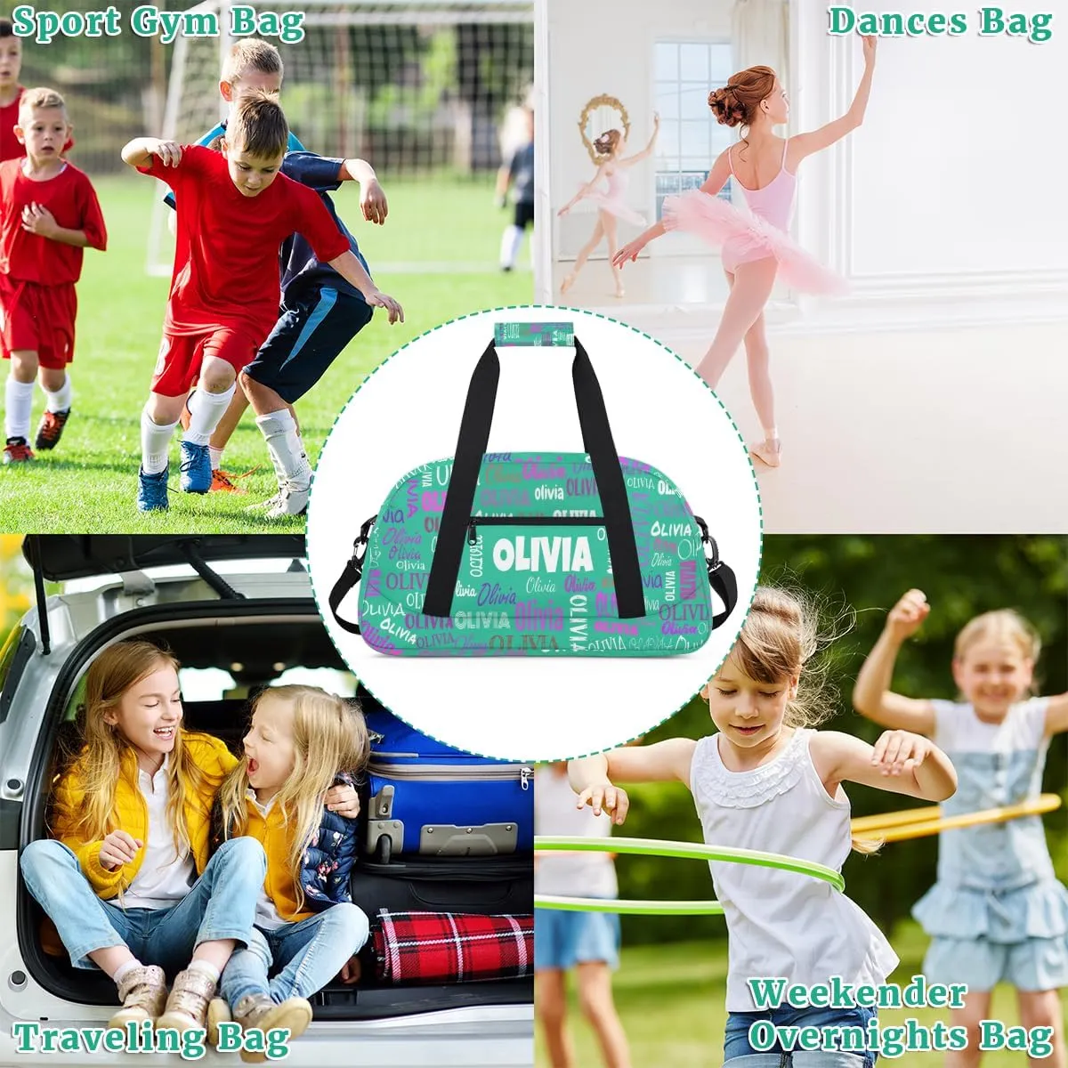 Personalized Ballet Dance Bag, Cheer Bag Girl Sport Duffel Bag, Name Ranked Customized Travel Duffle Bag with Name Overnight Weekender Bag Perform Cheer Bag, Light Sea Green Color