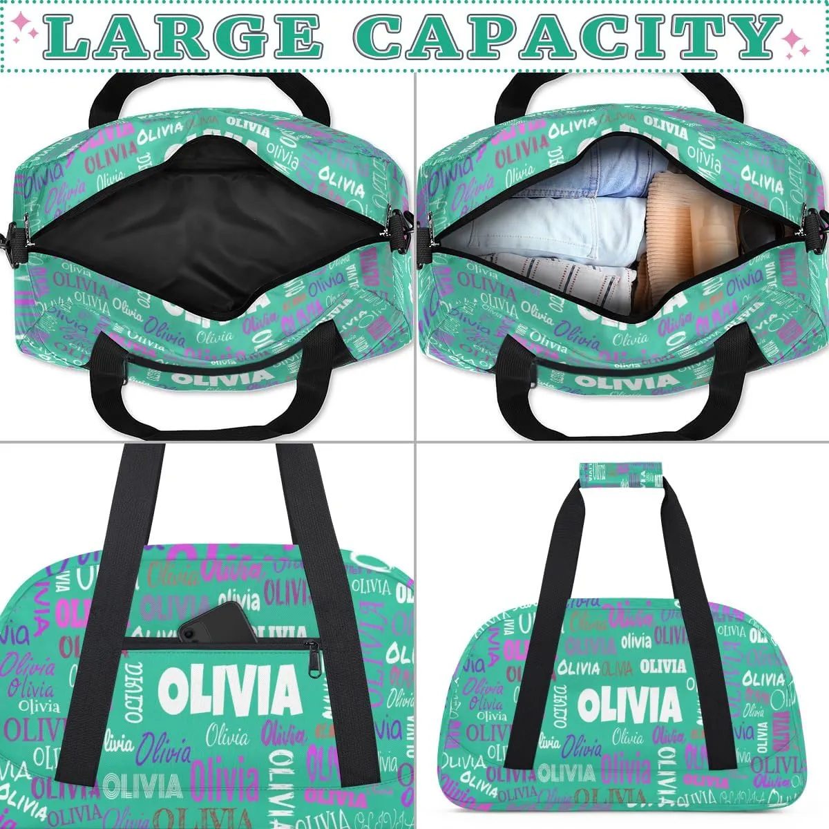 Personalized Ballet Dance Bag, Cheer Bag Girl Sport Duffel Bag, Name Ranked Customized Travel Duffle Bag with Name Overnight Weekender Bag Perform Cheer Bag, Light Sea Green Color