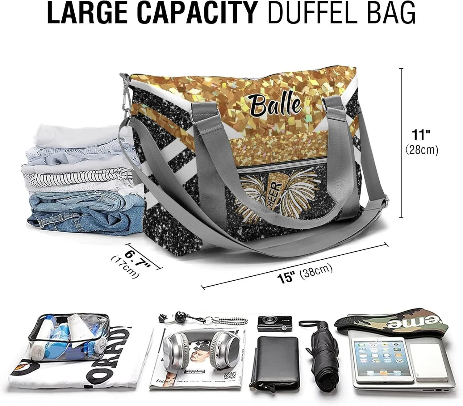 Personalized Cheer Bag Cheerleader Duffel Bag,Custom Sport Gym Bag,Customize Travel Duffle Bag with Name,Overnight Weekender Bags Gold Glitter,Cheerleading Cheer Team Coaches Bag Gifts