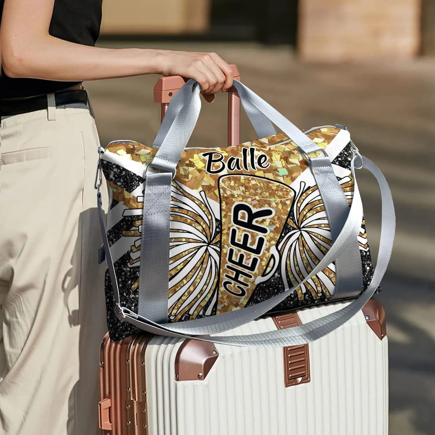 Personalized Cheer Bag Cheerleader Duffel Bag,Custom Sport Gym Bag,Customize Travel Duffle Bag with Name,Overnight Weekender Bags Gold Glitter,Cheerleading Cheer Team Coaches Bag Gifts