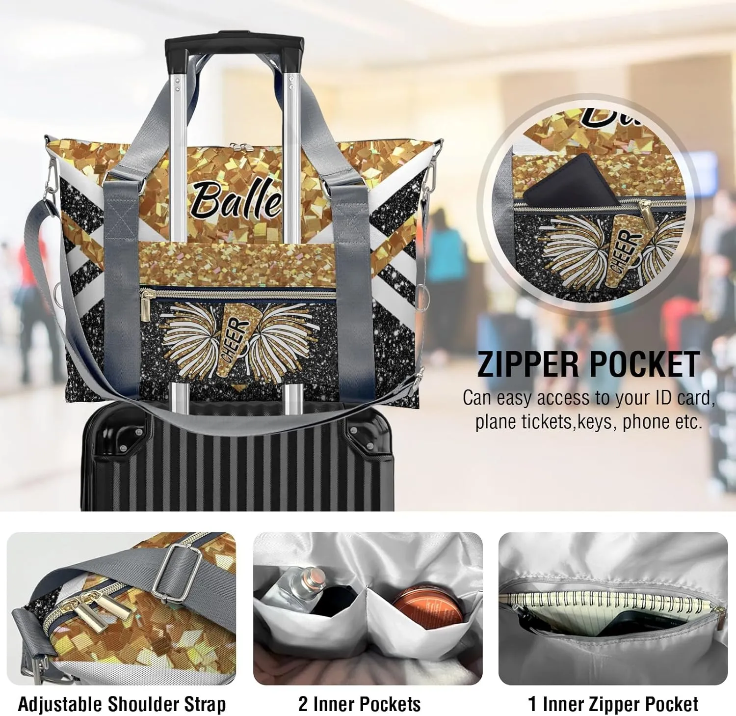 Personalized Cheer Bag Cheerleader Duffel Bag,Custom Sport Gym Bag,Customize Travel Duffle Bag with Name,Overnight Weekender Bags Gold Glitter,Cheerleading Cheer Team Coaches Bag Gifts