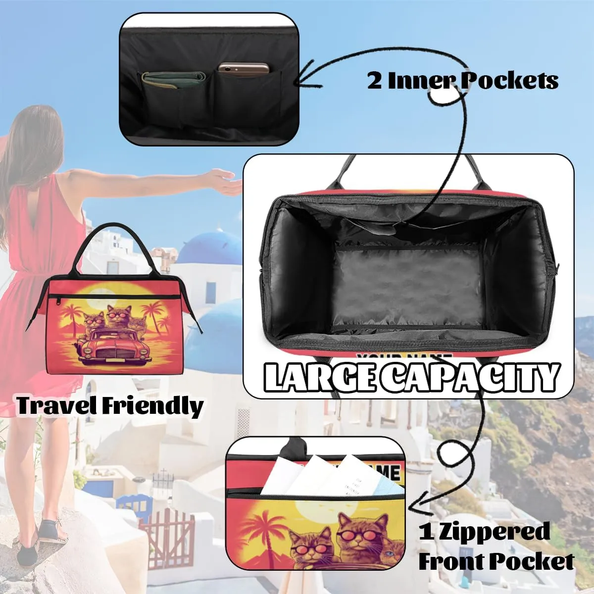 Personalized Custom Duffel Bags for Women Men, Personalized Customized Travel Duffel Bag, Waterproof Sports Gym Bag Weekender Overnight Bag Carry On Tote Bag, Cute Cat Cat Coconut Tree