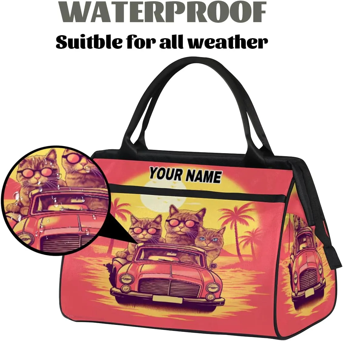 Personalized Custom Duffel Bags for Women Men, Personalized Customized Travel Duffel Bag, Waterproof Sports Gym Bag Weekender Overnight Bag Carry On Tote Bag, Cute Cat Cat Coconut Tree