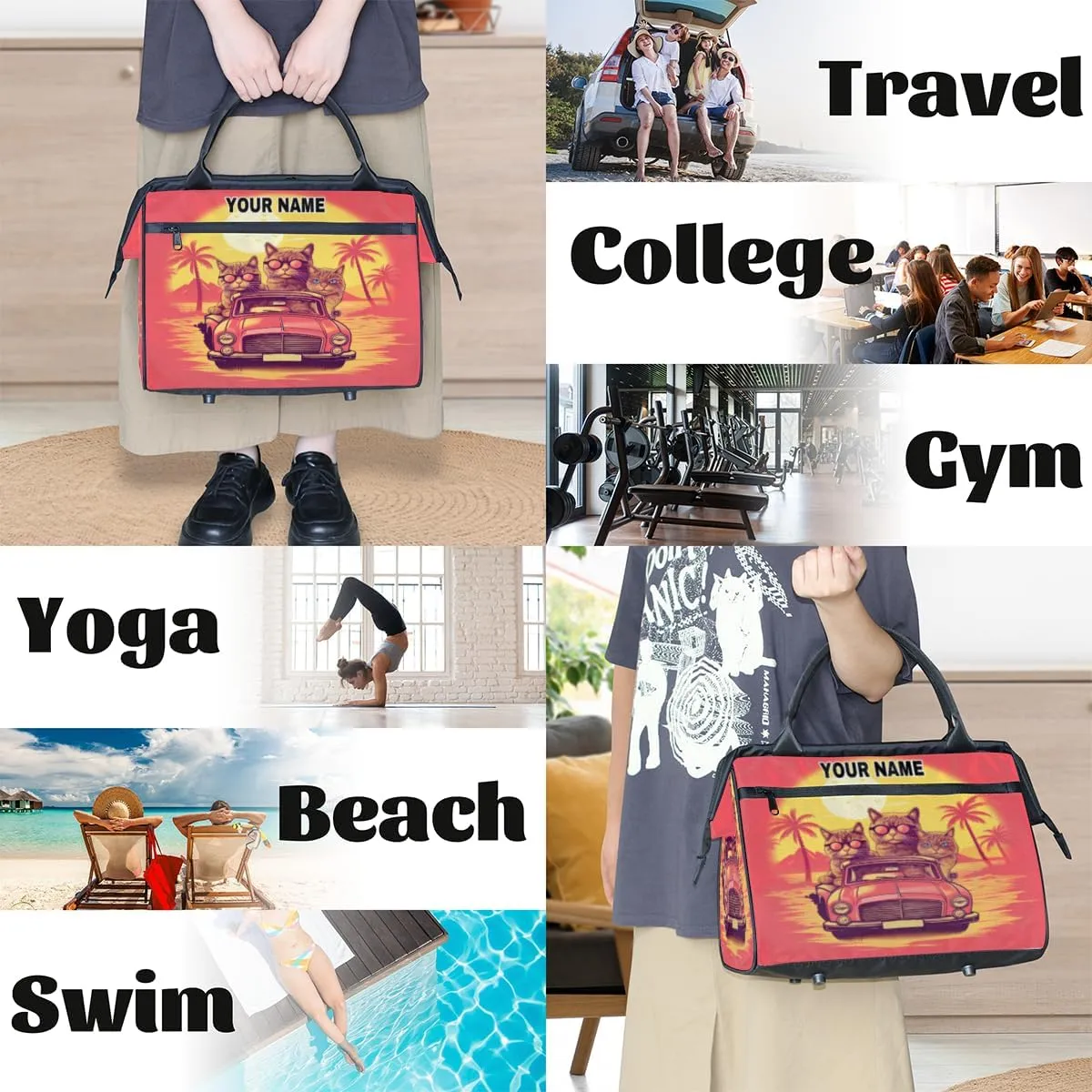 Personalized Custom Duffel Bags for Women Men, Personalized Customized Travel Duffel Bag, Waterproof Sports Gym Bag Weekender Overnight Bag Carry On Tote Bag, Cute Cat Cat Coconut Tree