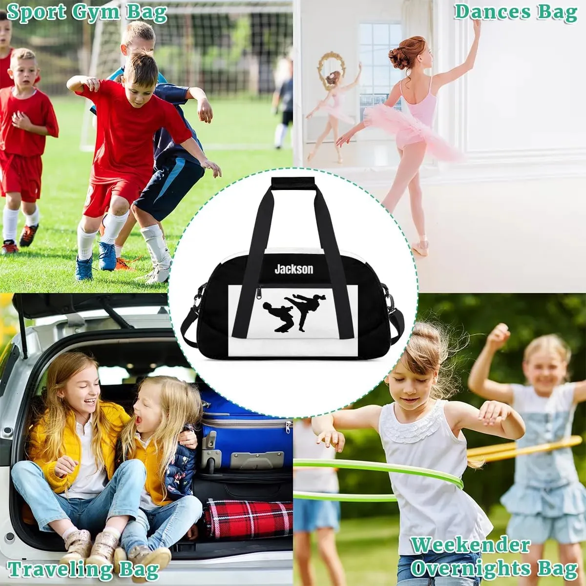 Personalized Custom Kids Duffel Bags for Boys Teen Girls, Customized Sports Gym Bag Travel Duffle Bag, Overnight Weekender Sleepover Bag, Martial Arts Taekwondo White Section 43
