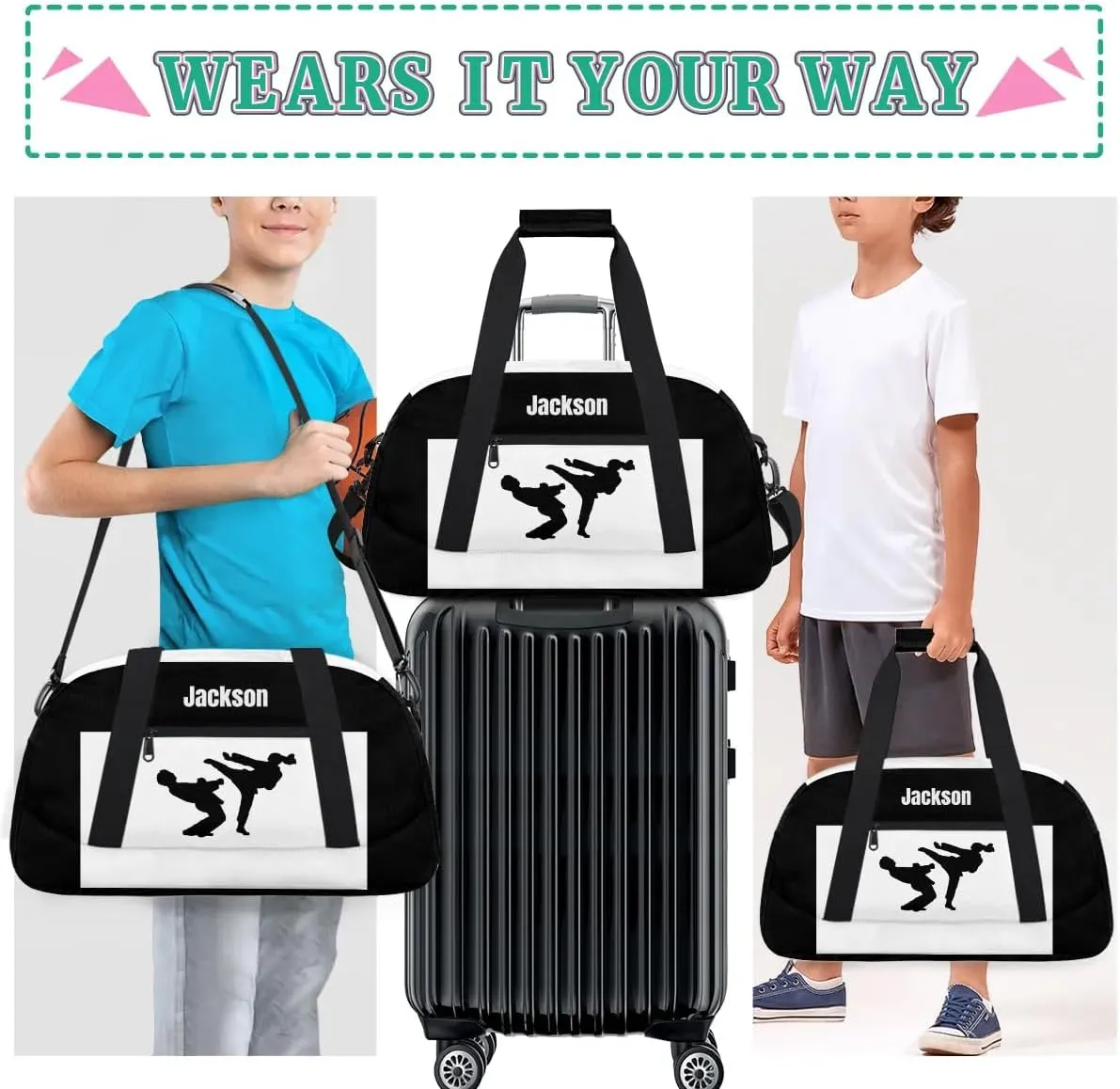 Personalized Custom Kids Duffel Bags for Boys Teen Girls, Customized Sports Gym Bag Travel Duffle Bag, Overnight Weekender Sleepover Bag, Martial Arts Taekwondo White Section 43