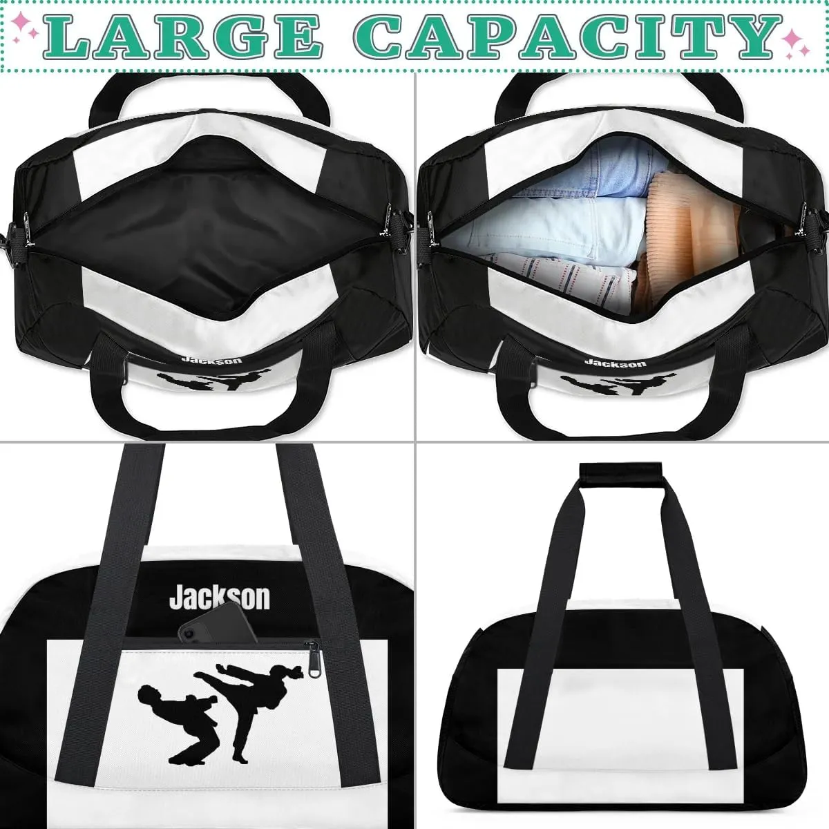 Personalized Custom Kids Duffel Bags for Boys Teen Girls, Customized Sports Gym Bag Travel Duffle Bag, Overnight Weekender Sleepover Bag, Martial Arts Taekwondo White Section 43