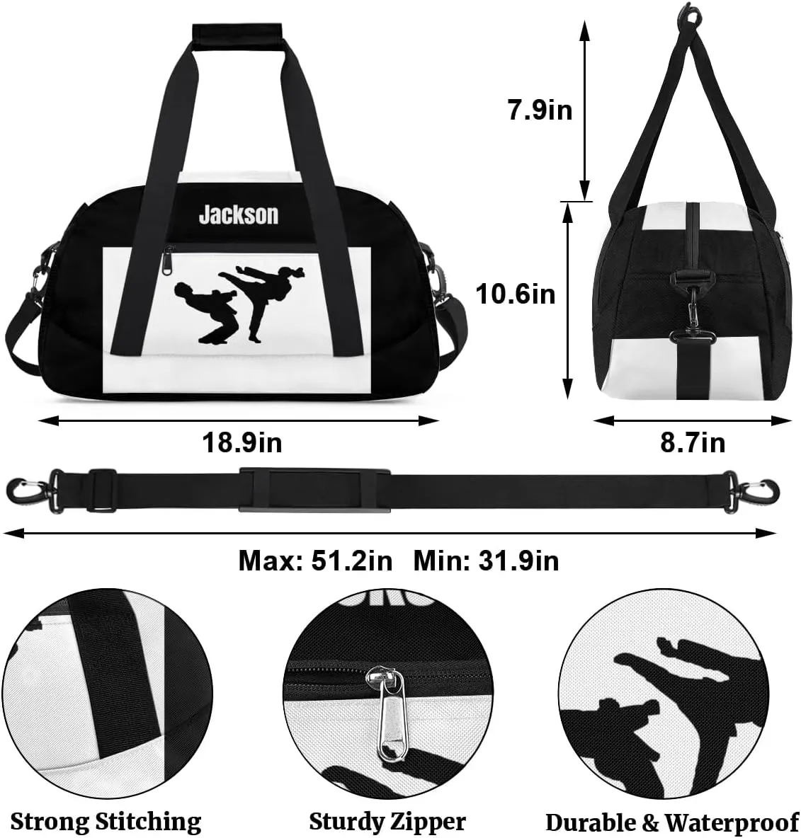 Personalized Custom Kids Duffel Bags for Boys Teen Girls, Customized Sports Gym Bag Travel Duffle Bag, Overnight Weekender Sleepover Bag, Martial Arts Taekwondo White Section 43