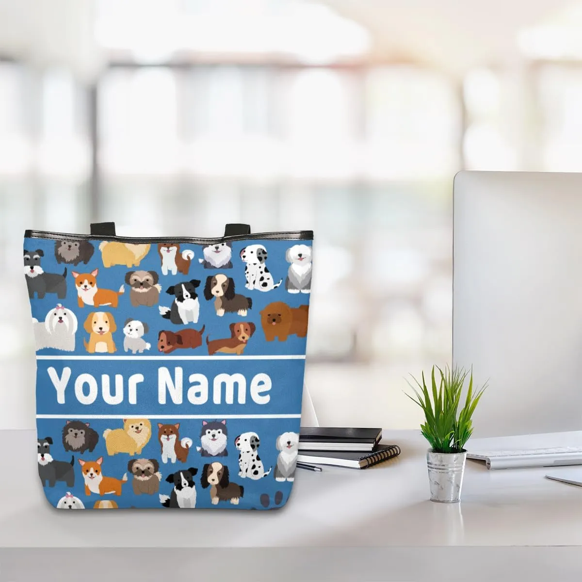Personalized Cute Dog Canvas Tote Bag, Custom Women Casual Shoulder Bag Handbag with Your Name Reusable Grocery Shopping Bags Beach Bag Book Tote Bag
