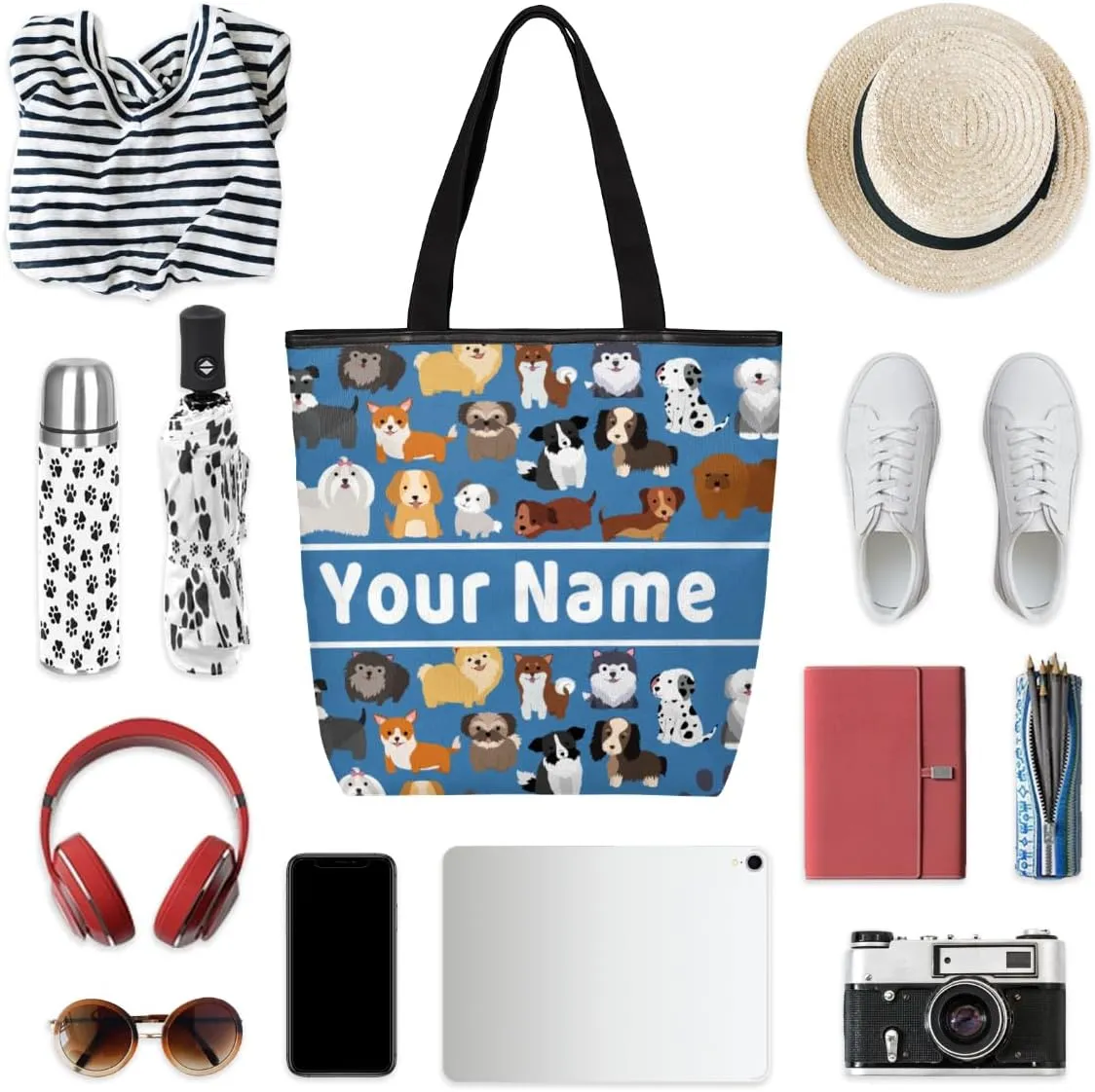 Personalized Cute Dog Canvas Tote Bag, Custom Women Casual Shoulder Bag Handbag with Your Name Reusable Grocery Shopping Bags Beach Bag Book Tote Bag