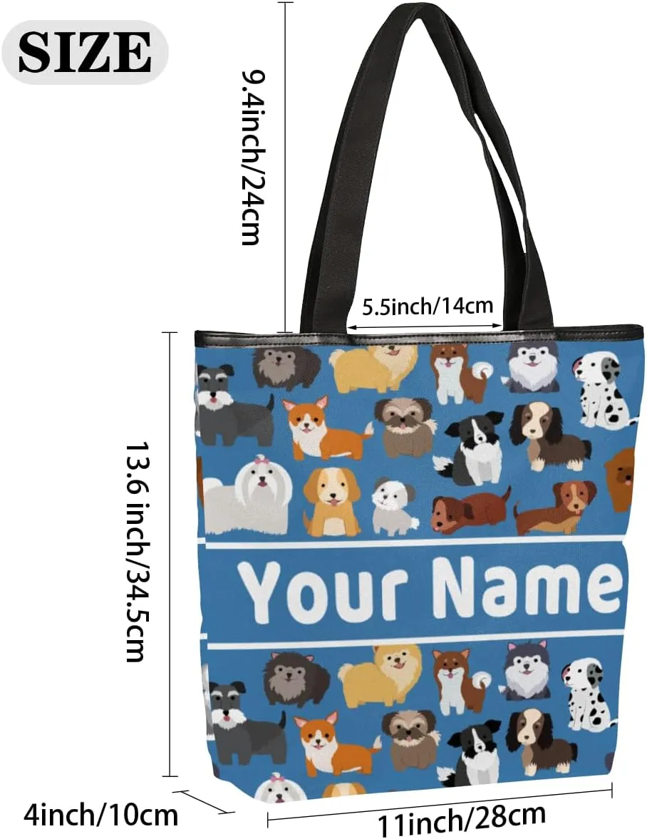 Personalized Cute Dog Canvas Tote Bag, Custom Women Casual Shoulder Bag Handbag with Your Name Reusable Grocery Shopping Bags Beach Bag Book Tote Bag