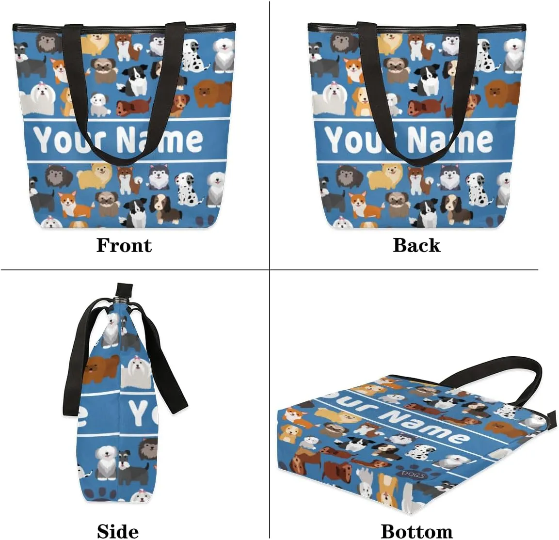 Personalized Cute Dog Canvas Tote Bag, Custom Women Casual Shoulder Bag Handbag with Your Name Reusable Grocery Shopping Bags Beach Bag Book Tote Bag