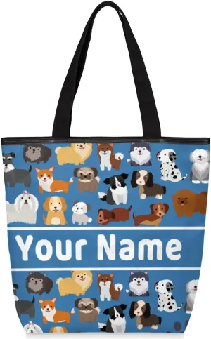 Personalized Cute Dog Canvas Tote Bag, Custom Women Casual Shoulder Bag Handbag with Your Name Reusable Grocery Shopping Bags Beach Bag Book Tote Bag