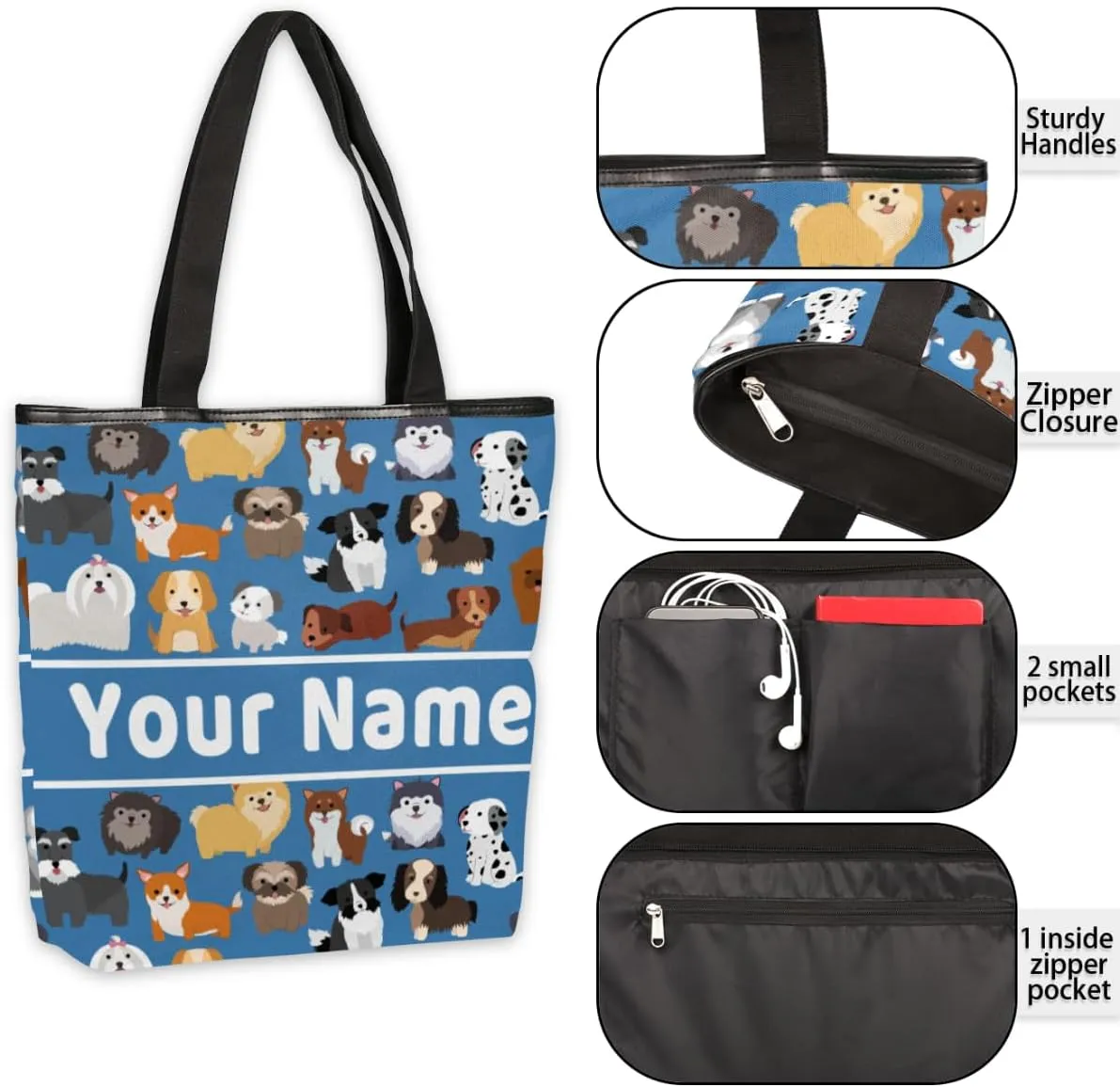 Personalized Cute Dog Canvas Tote Bag, Custom Women Casual Shoulder Bag Handbag with Your Name Reusable Grocery Shopping Bags Beach Bag Book Tote Bag