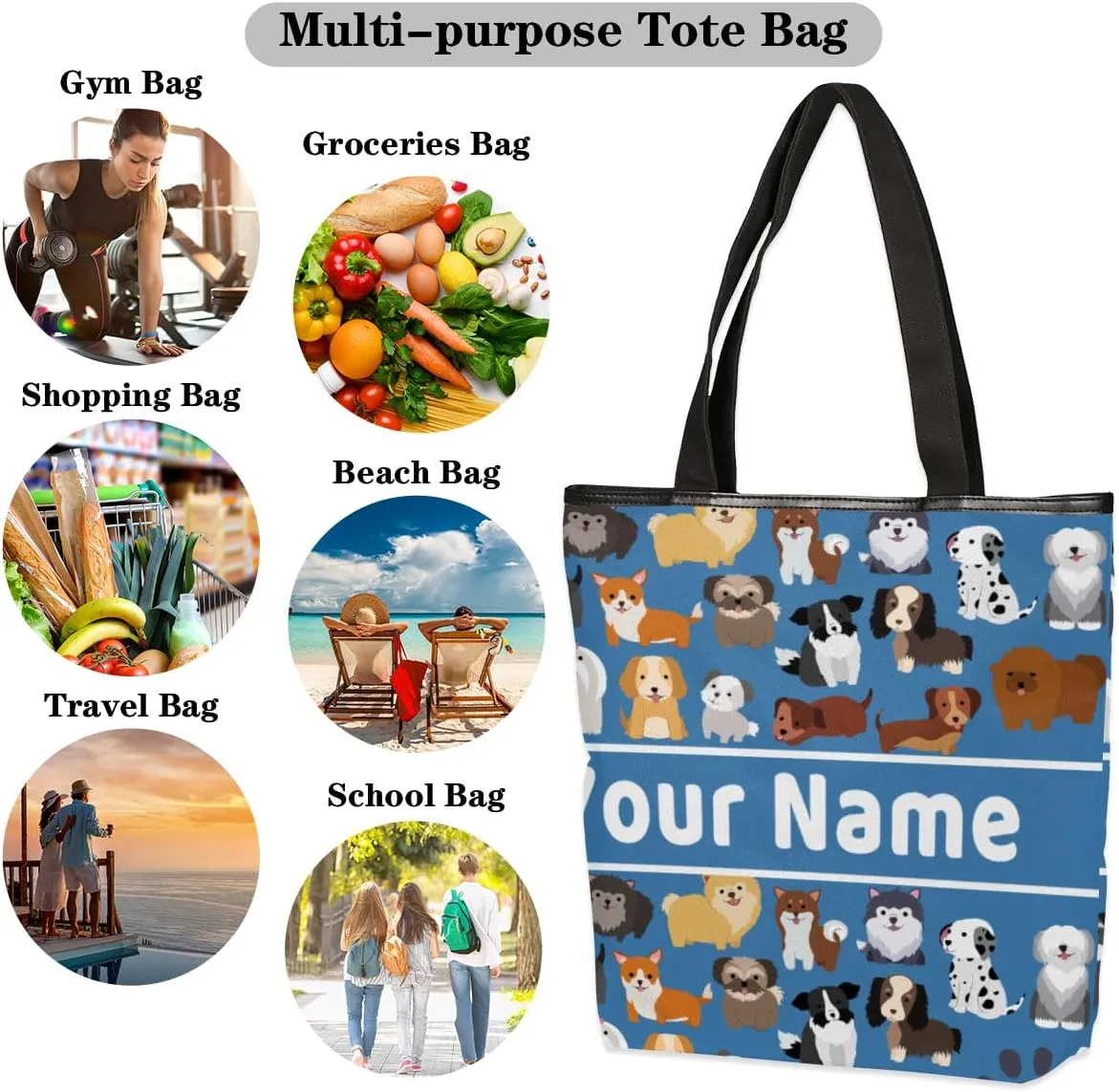 Personalized Cute Dog Canvas Tote Bag, Custom Women Casual Shoulder Bag Handbag with Your Name Reusable Grocery Shopping Bags Beach Bag Book Tote Bag
