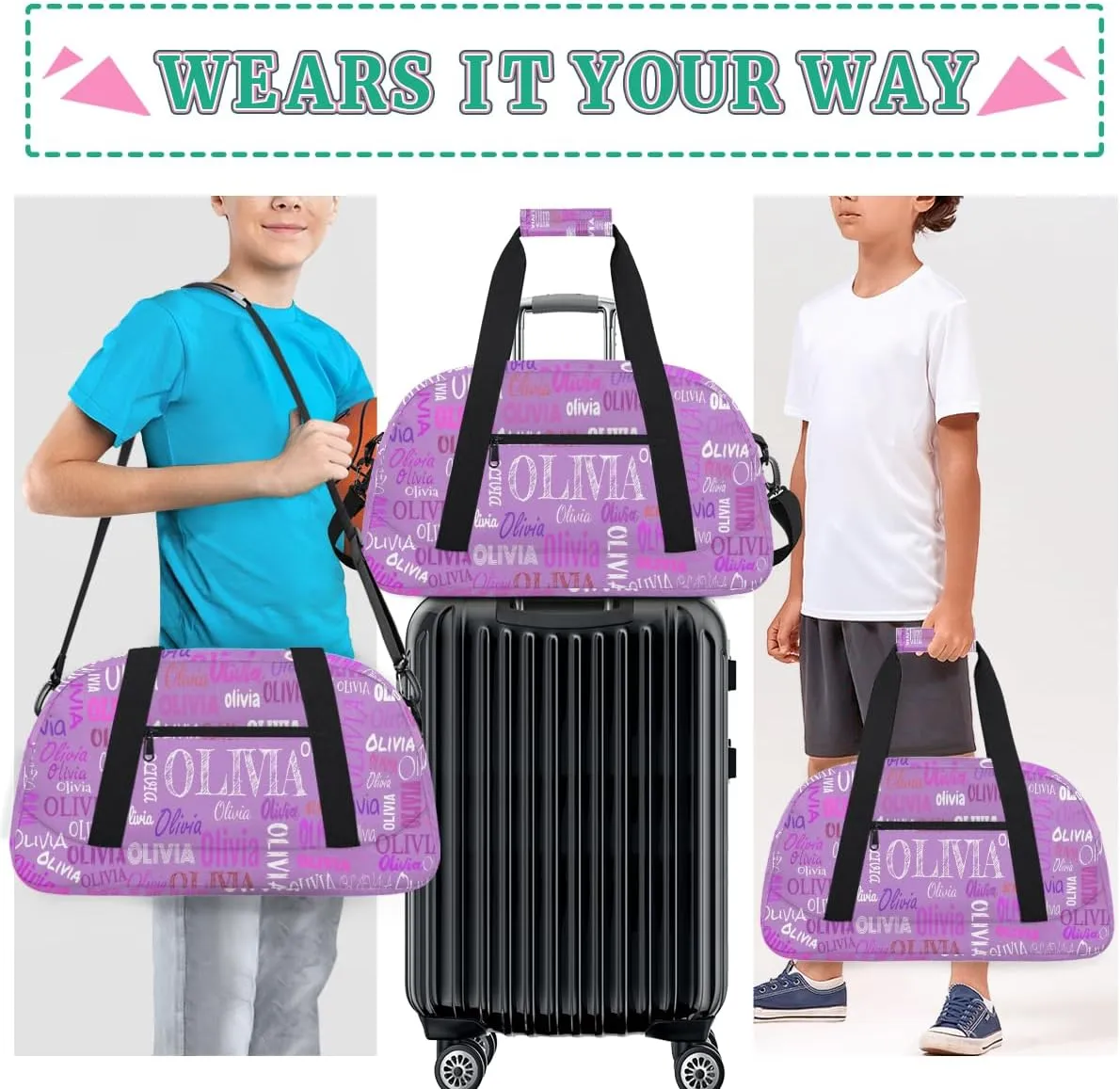 Personalized Dance Duffle Bag for Women Girls, Custom Duffel Bag Orchid Purple Color, Colorful Names Ranked