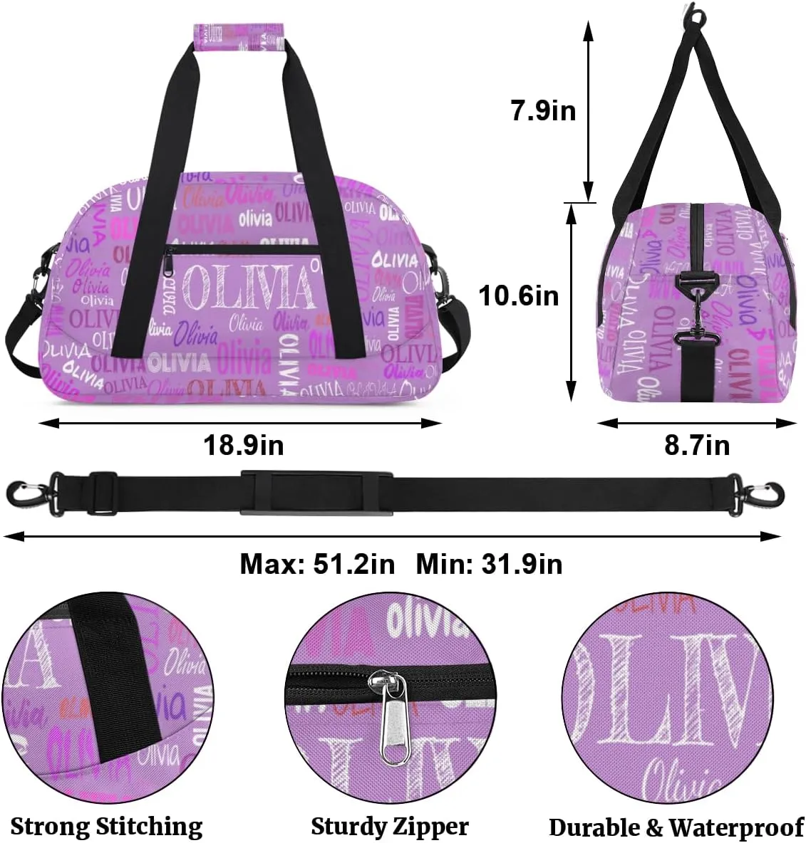 Personalized Dance Duffle Bag for Women Girls, Custom Duffel Bag Orchid Purple Color, Colorful Names Ranked