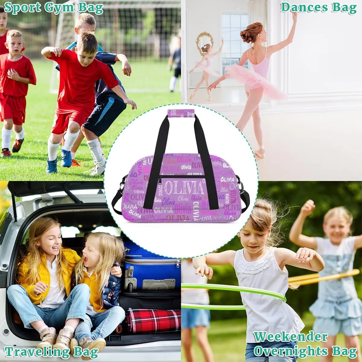 Personalized Dance Duffle Bag for Women Girls, Custom Duffel Bag Orchid Purple Color, Colorful Names Ranked