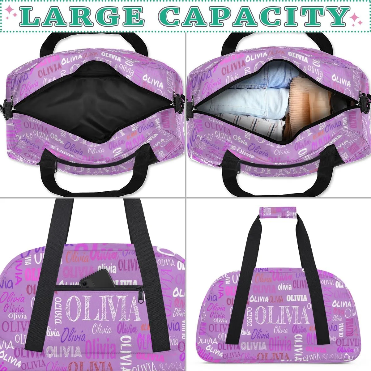 Personalized Dance Duffle Bag for Women Girls, Custom Duffel Bag Orchid Purple Color, Colorful Names Ranked