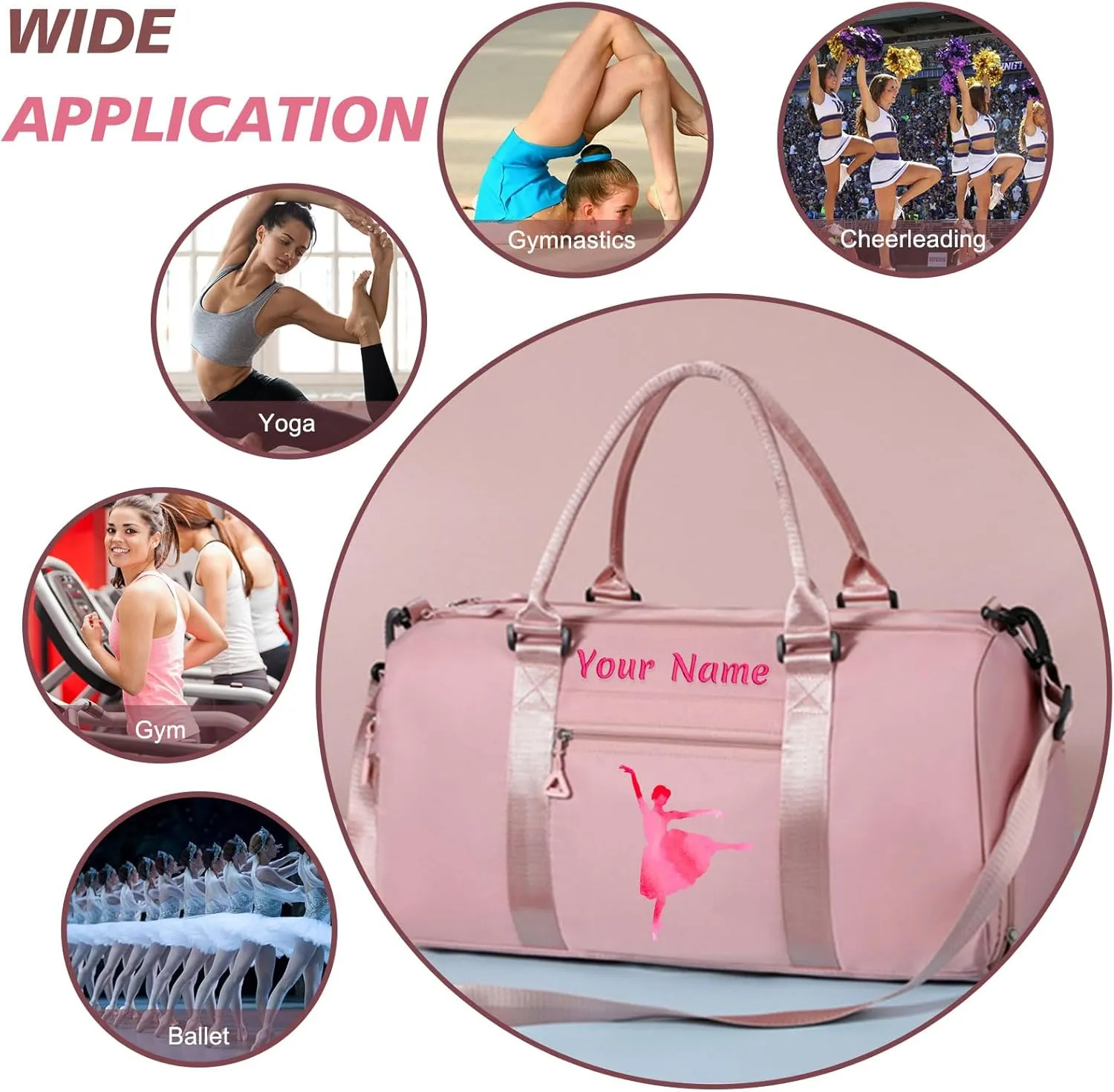Personalized Dance Duffle Bag with Name Text Photo for Women Girls Custom Ballet Sport Gym Travel Bags Customized Dry Wet Separated Overnight Weekend Bag Gifts
