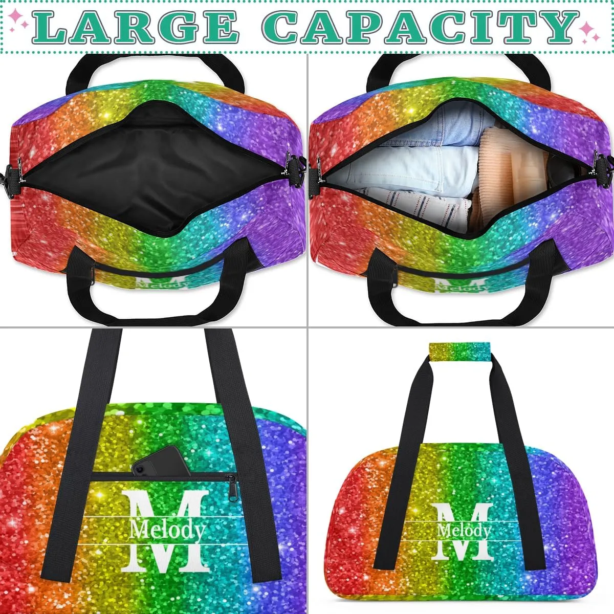 Personalized Dance Gym Bag, Custom Initial Letter Name Sport Duffel Bag Large Compartment Cheerleaders Dance Bag Weekender Travel Bag, Colorful Red Green Lime Purple Blue Sequins