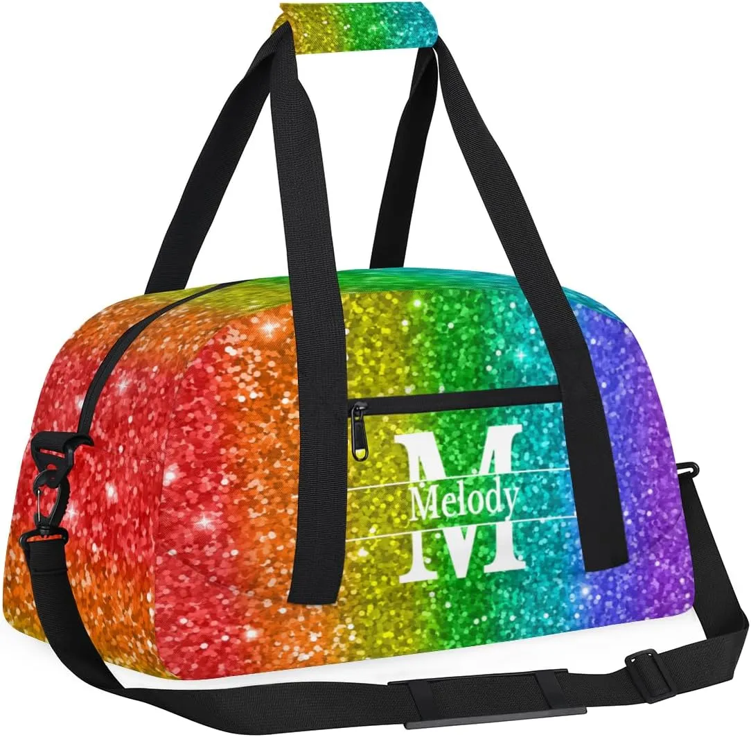 Personalized Dance Gym Bag, Custom Initial Letter Name Sport Duffel Bag Large Compartment Cheerleaders Dance Bag Weekender Travel Bag, Colorful Red Green Lime Purple Blue Sequins