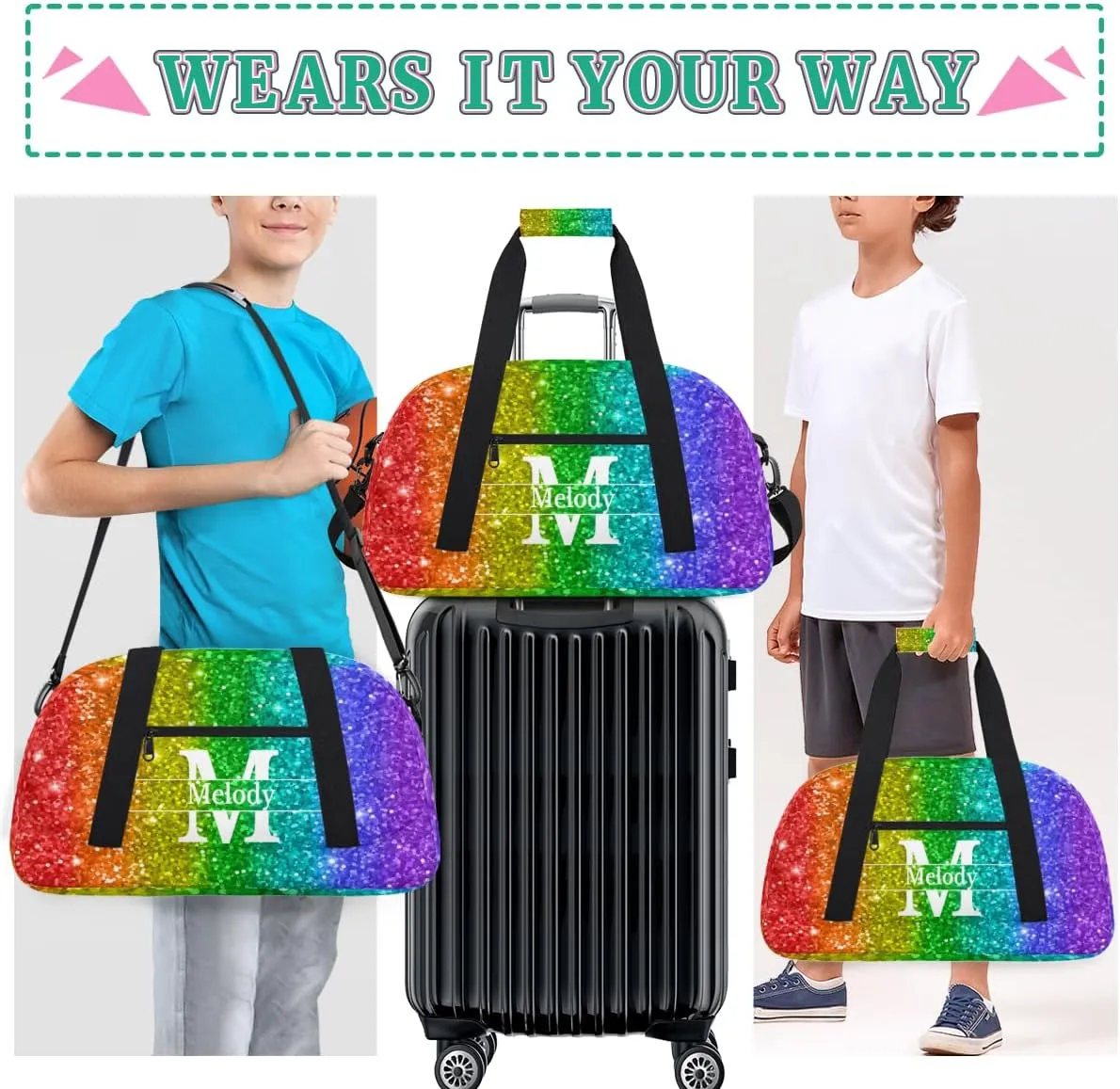 Personalized Dance Gym Bag, Custom Initial Letter Name Sport Duffel Bag Large Compartment Cheerleaders Dance Bag Weekender Travel Bag, Colorful Red Green Lime Purple Blue Sequins