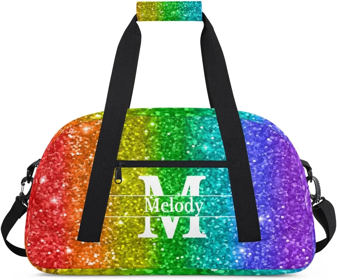 Personalized Dance Gym Bag, Custom Initial Letter Name Sport Duffel Bag Large Compartment Cheerleaders Dance Bag Weekender Travel Bag, Colorful Red Green Lime Purple Blue Sequins