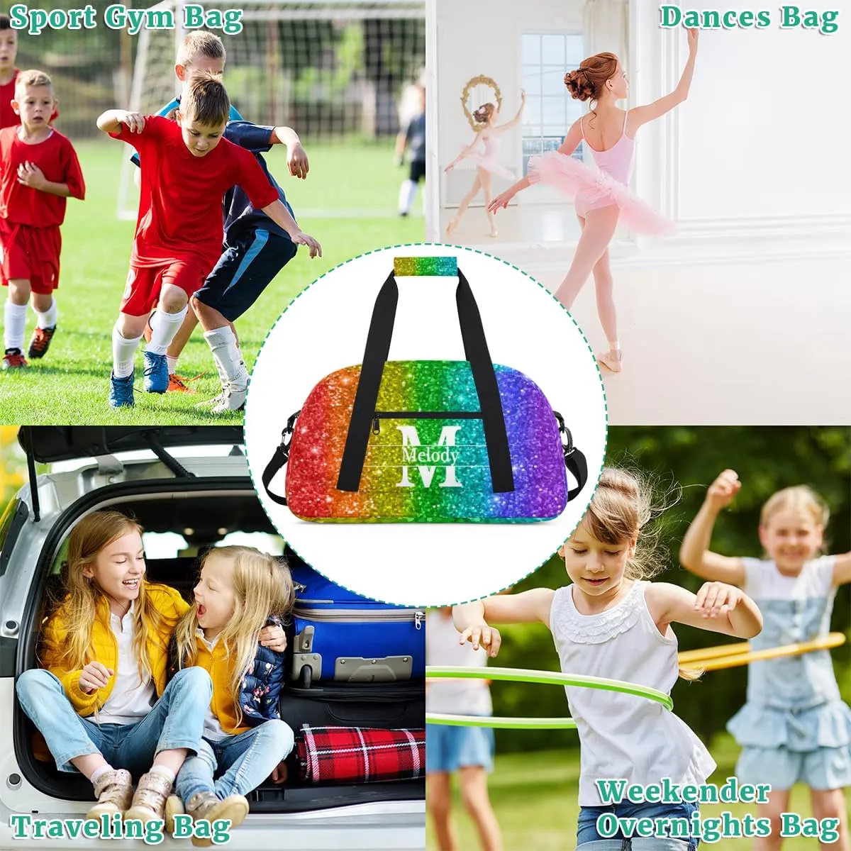 Personalized Dance Gym Bag, Custom Initial Letter Name Sport Duffel Bag Large Compartment Cheerleaders Dance Bag Weekender Travel Bag, Colorful Red Green Lime Purple Blue Sequins